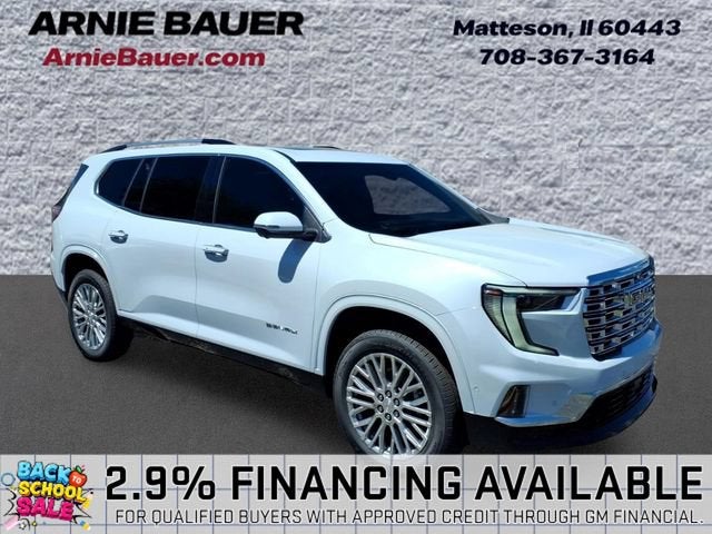 2026 GMC Acadia Denali in Glacier White Tricoat — front three-quarter view