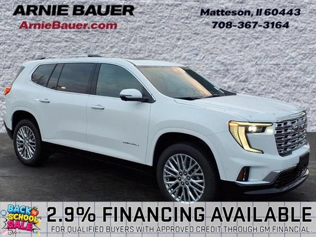 2026 GMC Acadia Denali in Summit White — front three-quarter view