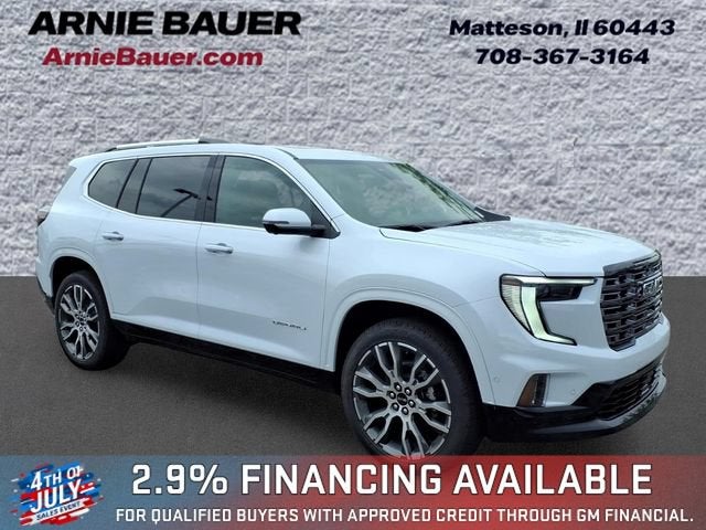 2026 GMC Acadia Denali Ultimate in Glacier White Tricoat — front three-quarter view